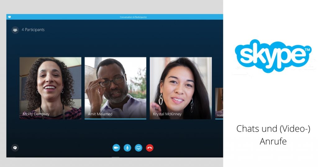 Skype ist ein kostenloses Kommunikationstool, das neben der Chatfunktion auch Videokonferenzen, IP-Telefonie, Dateiübertragung und Screen-Sharing unterstützt. 
