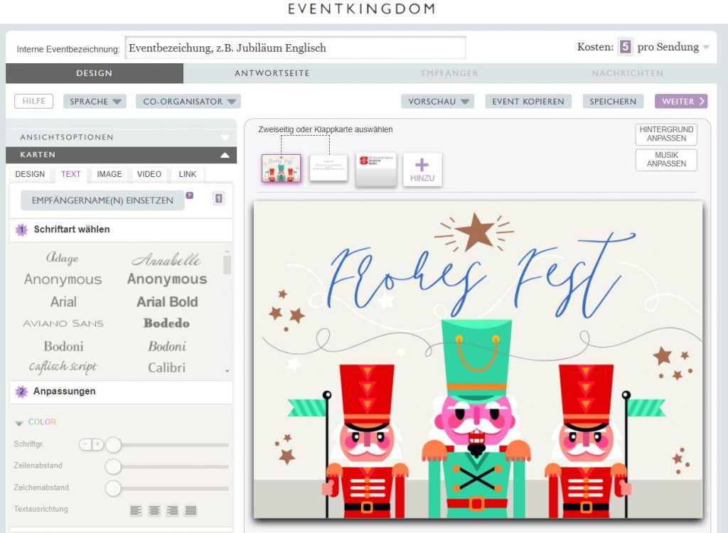 Die Nutzeroberfläche von  Eventkingdom , auch hier können Sie digitale Weihnachtskarten erstellen